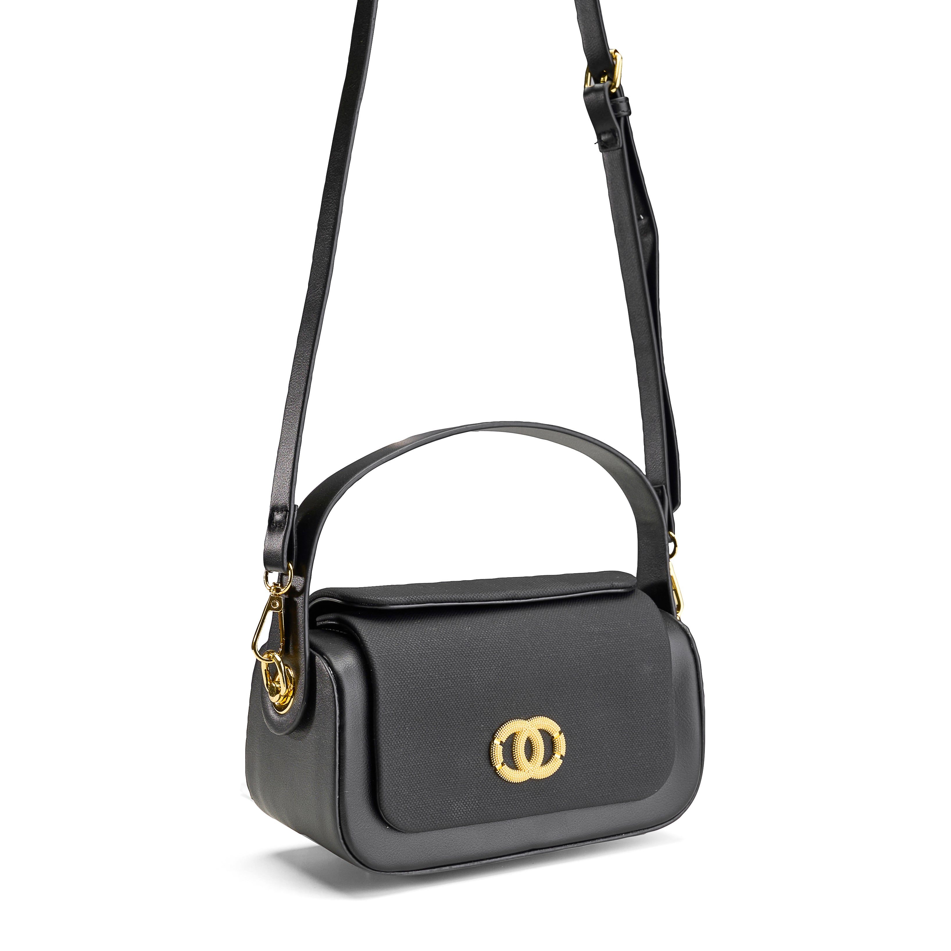 Dual-Texture Flap-Over Bag - Black