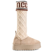Knit-Cuff Tall Cozy Boot - Beige