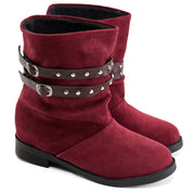 Studded Strap Mid Boot - Maroon
