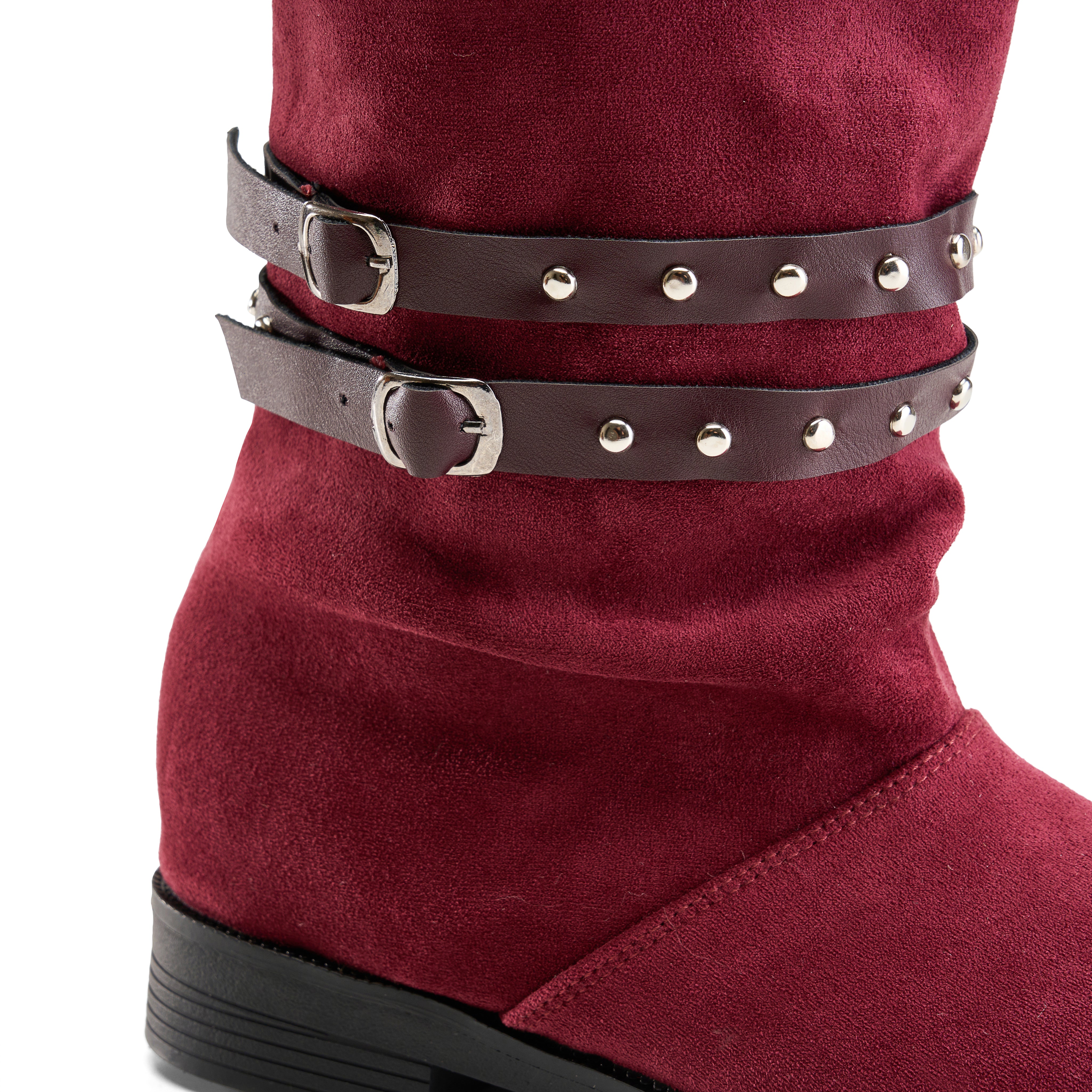 Studded Strap Mid Boot - Maroon