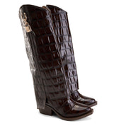 Croc-Effect Long Boot - Brown