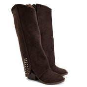 Studded Long Suede Boot - Brown