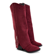 Studded Long Suede Boot - Maroon