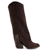 Studded Long Suede Boot - Brown