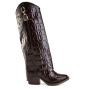 Croc-Effect Long Boot - Brown