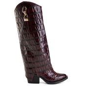 Croc-Effect Long Boot - Maroon