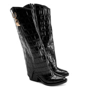 Croc-Effect Long Boot - BLACK