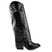 Croc-Effect Long Boot - BLACK