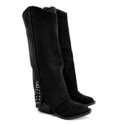Studded Long Suede Boot - Black