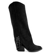 Studded Long Suede Boot - Black