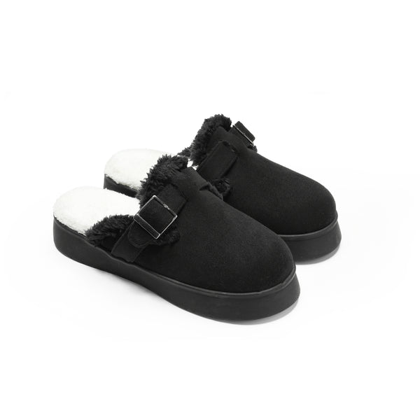 Faux Fur-Lined Suede Clogs - Black