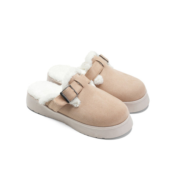 Faux Fur-Lined Suede Clogs - Cafe