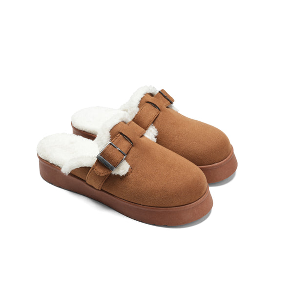 Faux Fur-Lined Suede Clogs - Camel