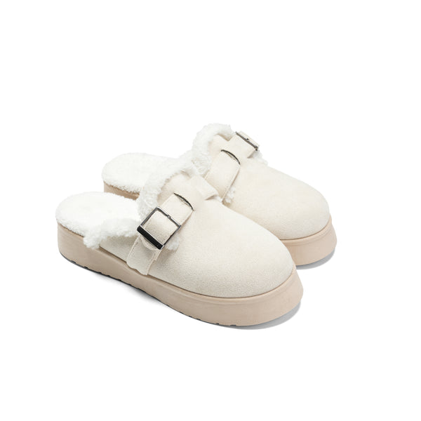 Faux Fur-Lined Suede Clogs - Beige