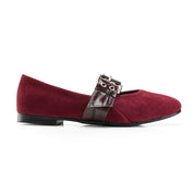Suede-Look Buckle Detail Flats - Maroon
