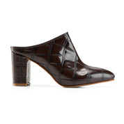 Glossy Croc-Pointed Mule - Brown