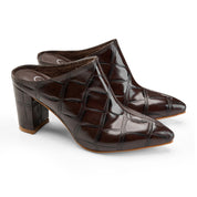 Glossy Croc-Pointed Mule - Brown