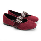 Suede-Look Buckle Detail Flats - Maroon