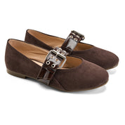 Suede-Look Buckle Detail Flats - Brown