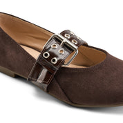 Suede-Look Buckle Detail Flats - Brown