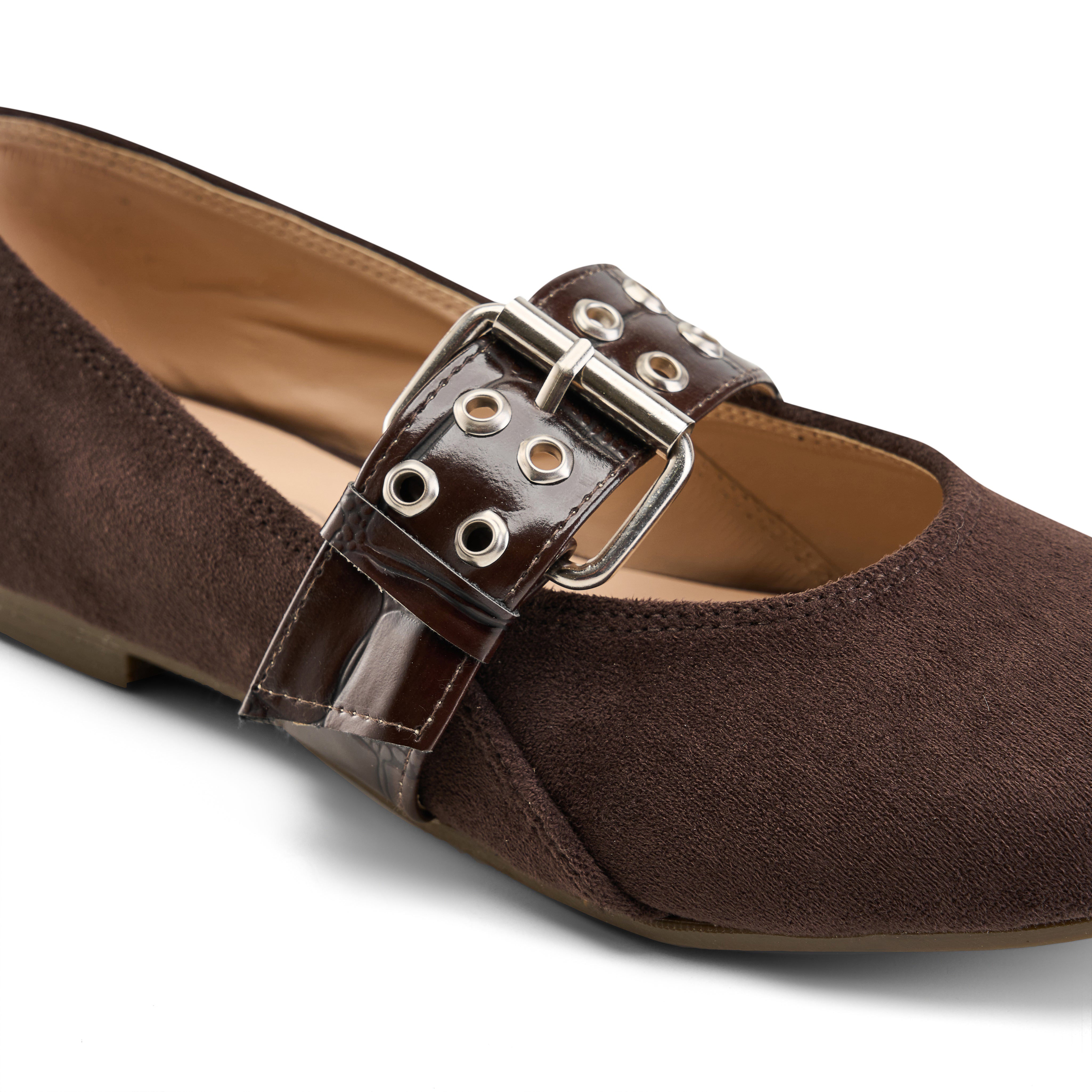 Suede-Look Buckle Detail Flats - Brown