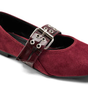 Suede-Look Buckle Detail Flats - Maroon