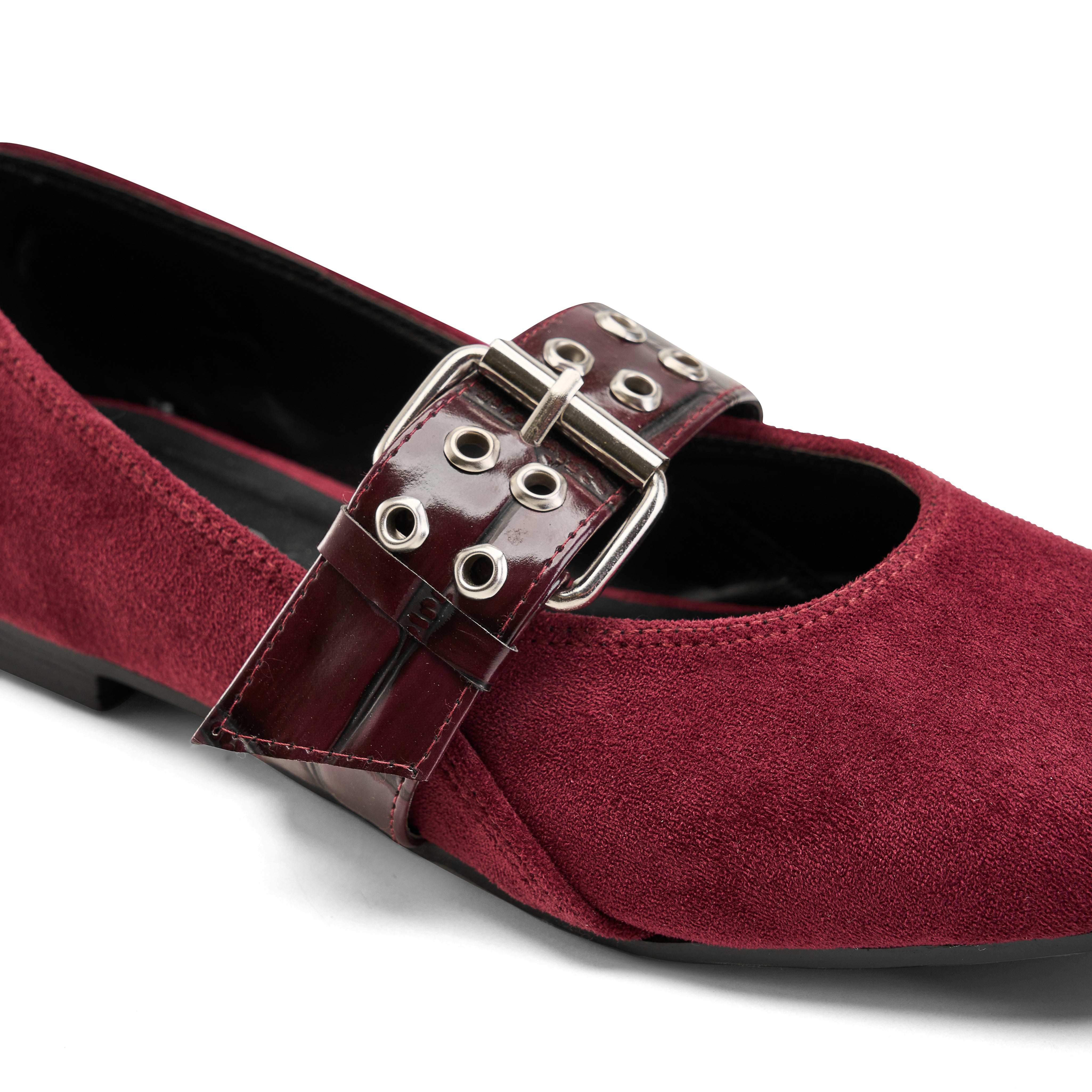 Suede-Look Buckle Detail Flats - Maroon