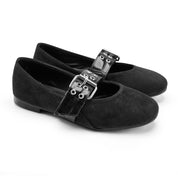 Suede-Look Buckle Detail Flats - Black