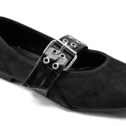 Suede-Look Buckle Detail Flats - Black