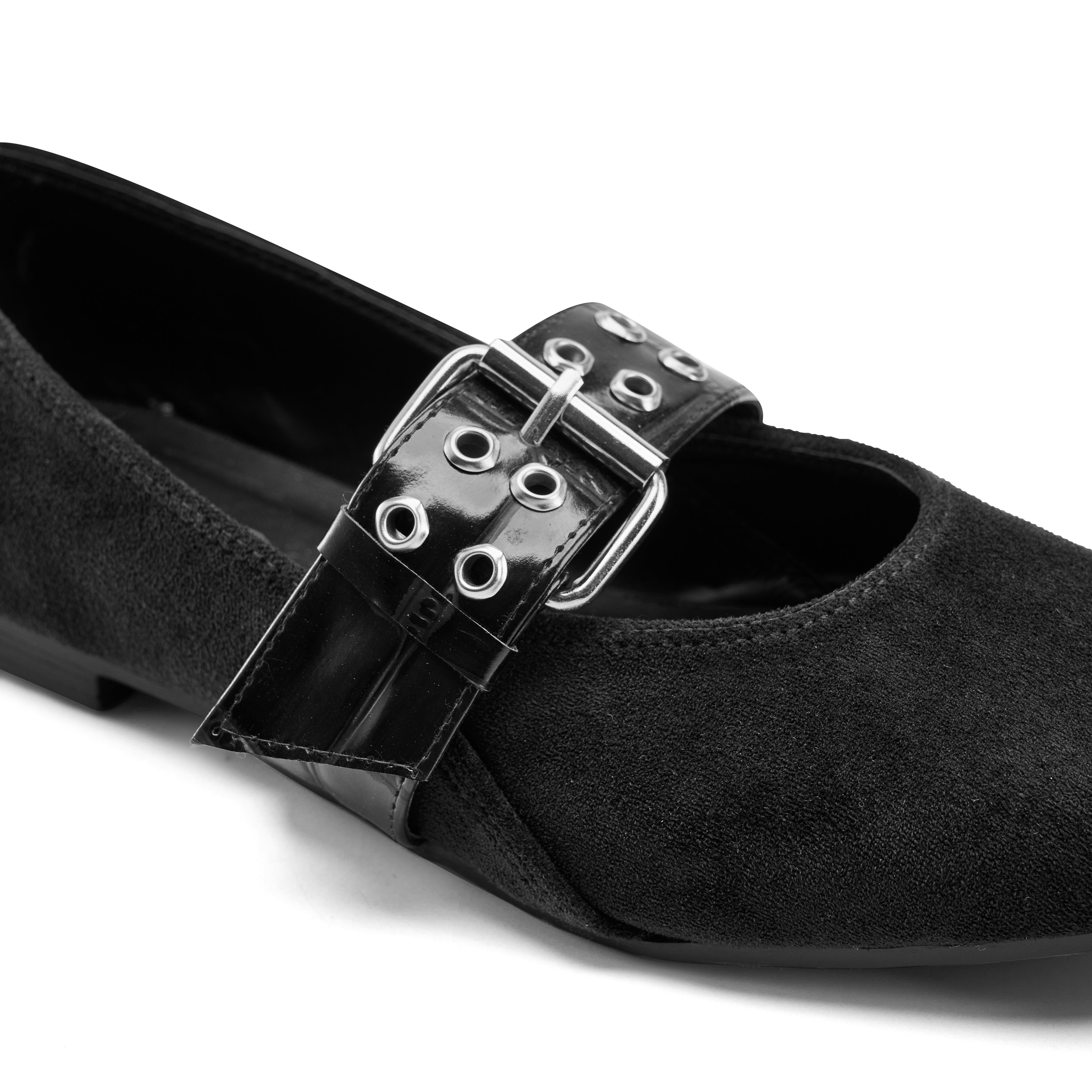 Suede-Look Buckle Detail Flats - Black