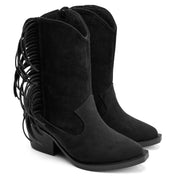Suede-Finish Fringed Cowboy Boots - Black