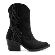 Suede-Finish Fringed Cowboy Boots - Black