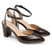 Croc-Effect Pointed Heels - Brown