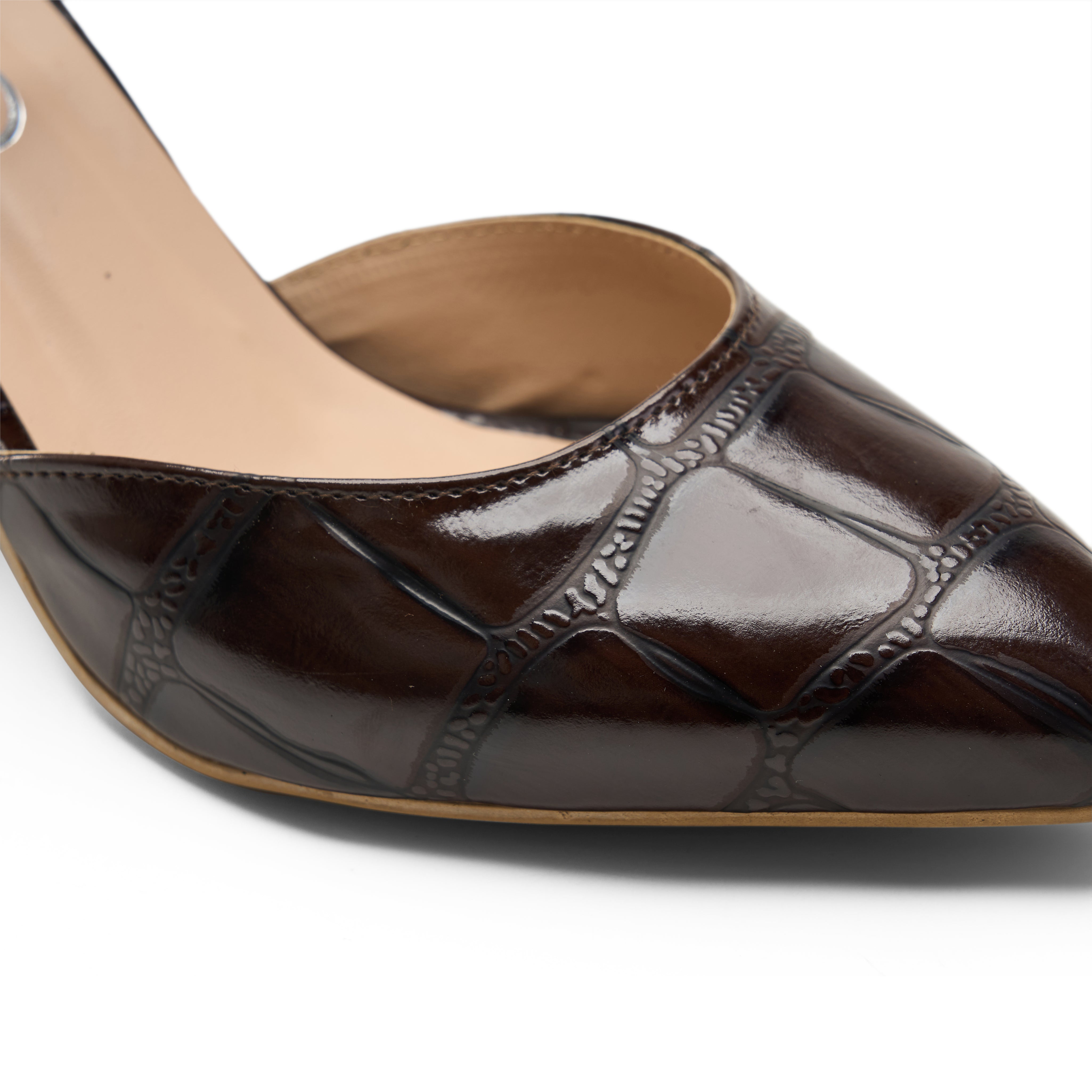 Croc-Effect Pointed Heels - Brown