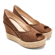 Suede Peep-Toe Platform Wedges - Brown
