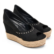 Suede Peep-Toe Platform Wedges - Black