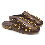Spherical Hardware Flat Mules - Brown