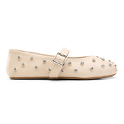 Rhinestone Studded Ballet Flats - Beige