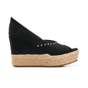 Suede Peep-Toe Platform Wedges - Black