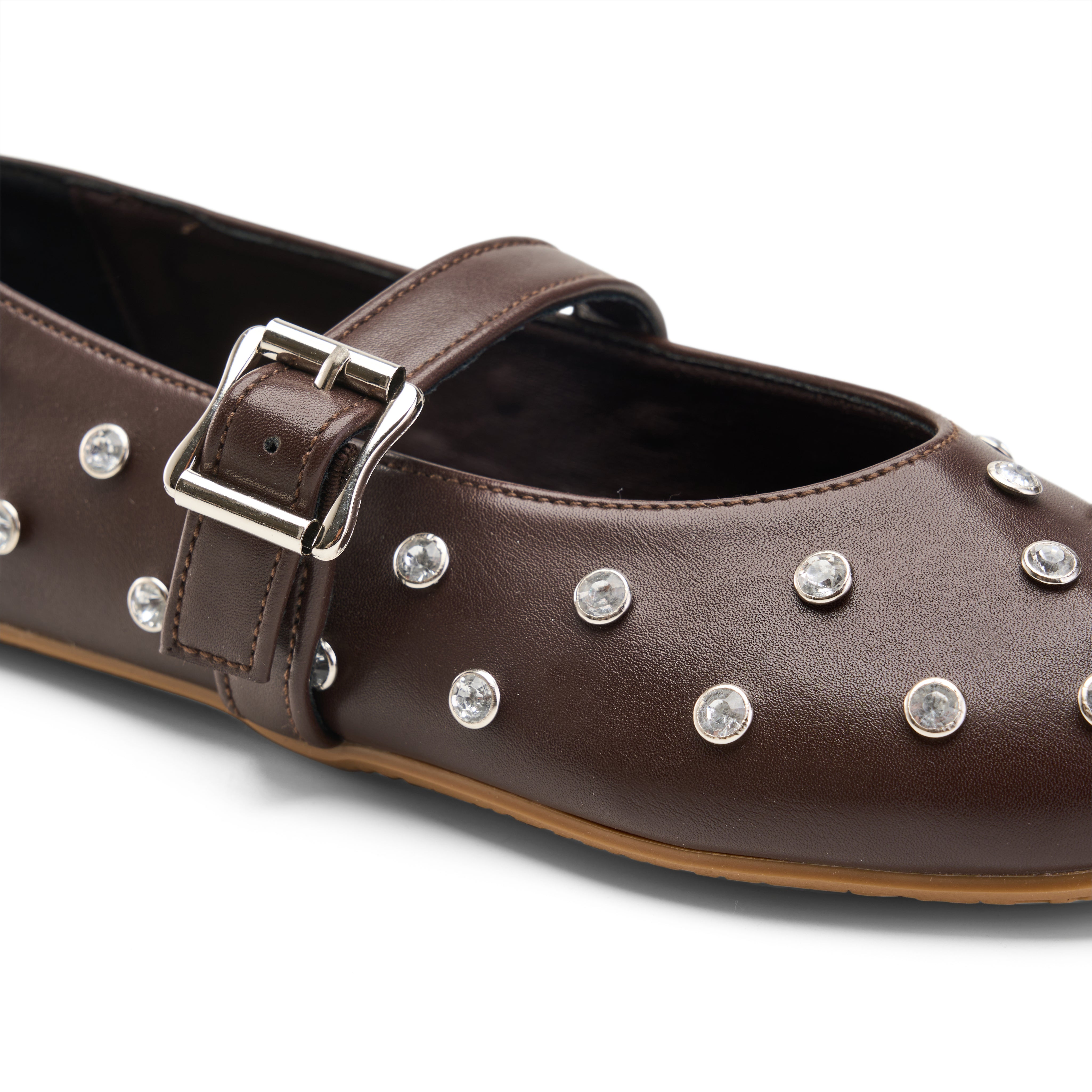 Rhinestone Studded Ballet Flats - Brown