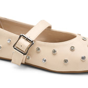 Rhinestone Studded Ballet Flats - Beige