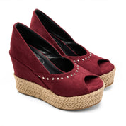 Suede Peep-Toe Platform Wedges - Maroon