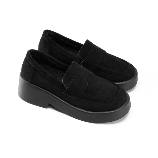 Tan Suede Platform Loafers with Fleece Lining - Black