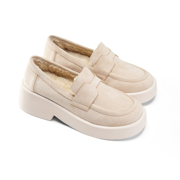 Tan Suede Platform Loafers with Fleece Lining - Beige