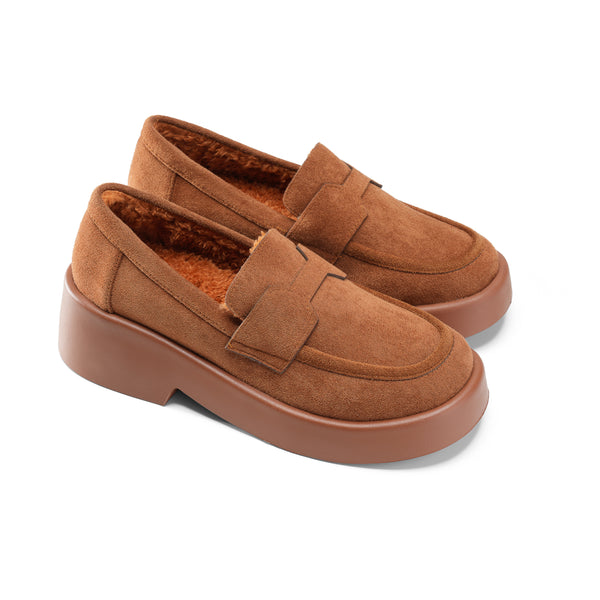 Tan Suede Platform Loafers with Fleece Lining - Camel