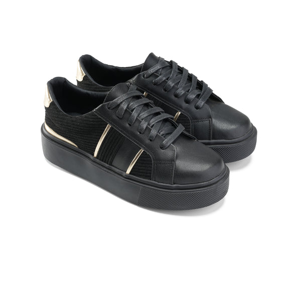 Leather Sneakers with Gold Accents - Black