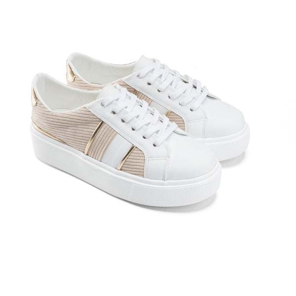 Leather Sneakers with Gold Accents - Beige