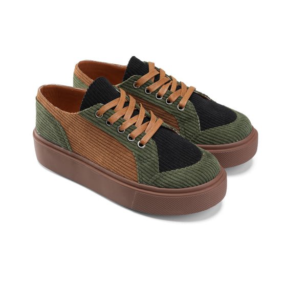 Multi-Tone Corduroy Sneakers with Leather Accents - Green