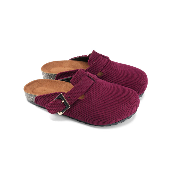 Corduroy Buckle Clogs with Premium Detail - Maroon