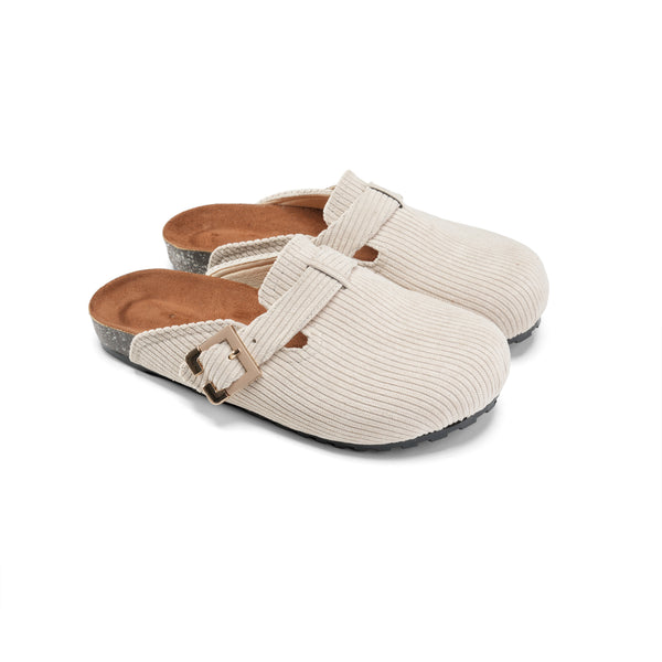 Corduroy Buckle Clogs with Premium Detail - Beige